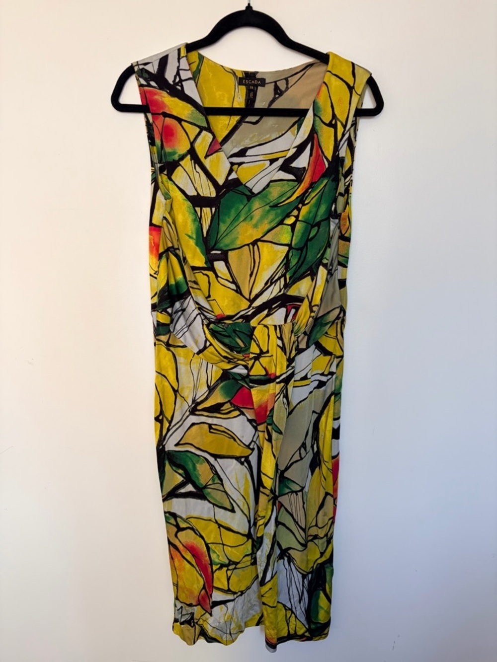 Escada Green and Yellow Leaf-Print Draped Top - 38